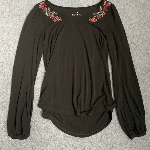 Black AE long sleeve top - rose embroidery - small - Picture 3 of 4
